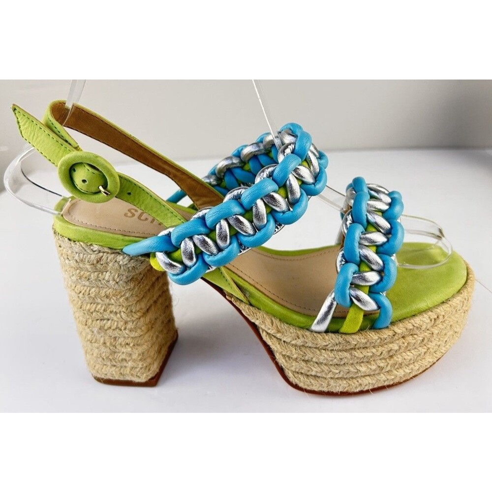Schutz Juliet Woven Leather Platform Sandal in Lime Green/ Blue Sz 5.5